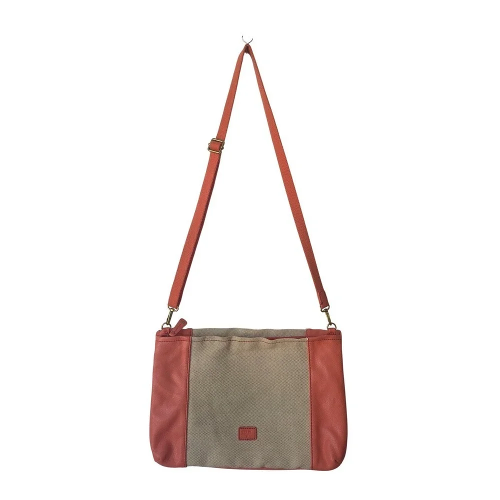Fossil Canvas Leather Convertible Messenger Bag Coral Beige Adjustable Strap